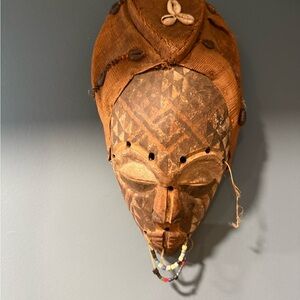 Hand Carved African Mask with Textile Hood & Cowrie Shells Dance / Society Mask